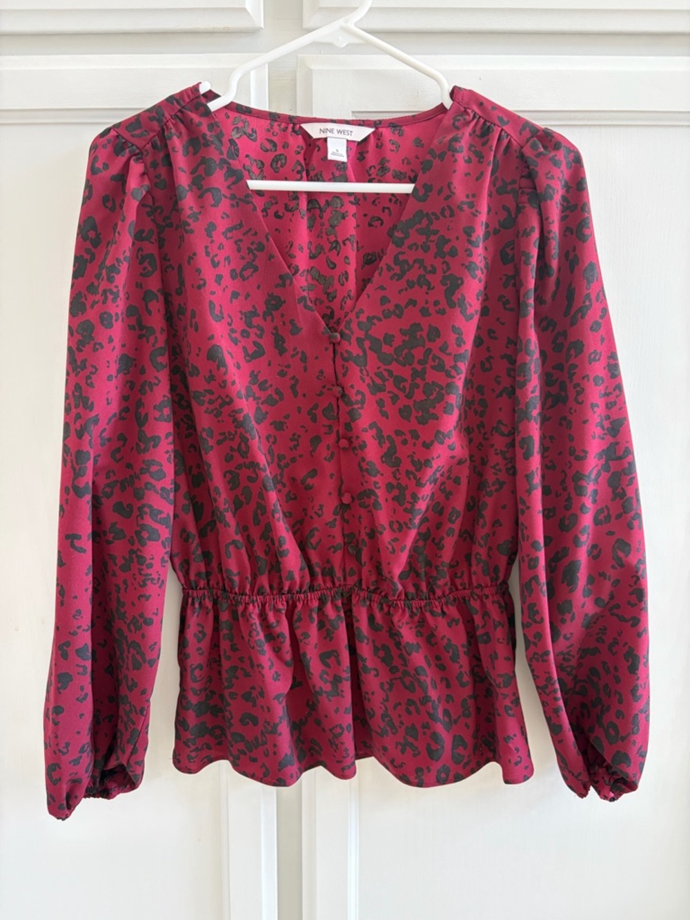 Nine West Burgundy and Black Leopard-Print V-Neck Peplum Blouse